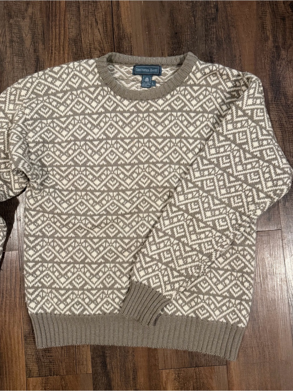 Christopher Hayes Taupe and Cream Geometric Crewneck Sweater